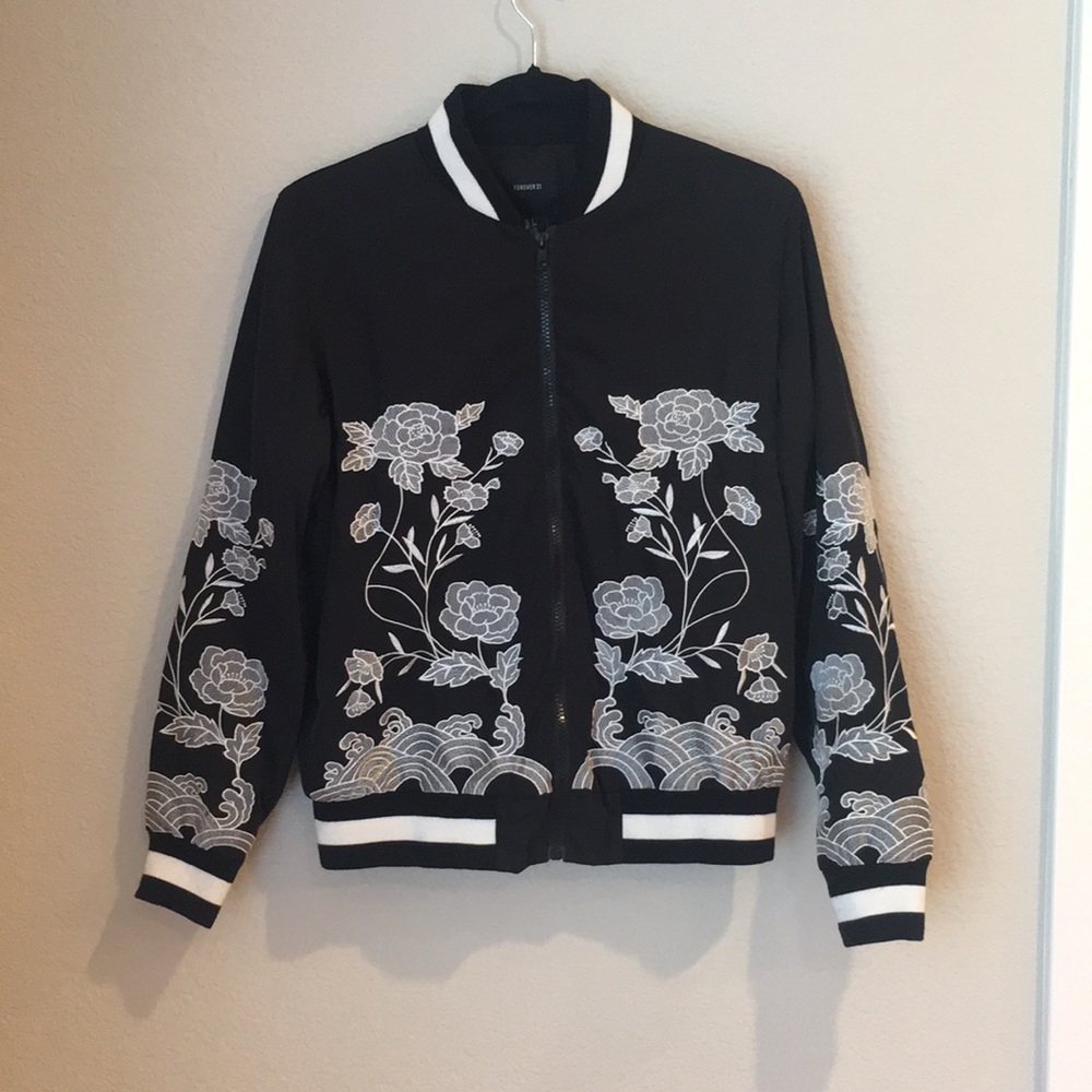 Forever 21 - Black Embroidered Baseball Bomber - Small